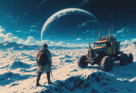 The image is a digital illustration in a detailed, vibrant, high contrast, semi-realistic art style with 90s retro futuristic anime elements without noise or comic halftone effect. The planet Eyjensul, you are here. A frozen tundra for much of its 250 year orbit around Elias. In the decades closest to the supergiant the planet transforms into a desert. As water is drawn from the sands the planet experiences its only weather. Vast storms surge into existence. And the shifting sands reveal their treasure. You are part of the Salvage Union, the backbone of the abandoned world's sputtering economy. When the tundra begins to stir for a few brief months between frost and storm you will seek your fortune on the long road to Perihelion, the last true city and the only shelter. The compostition and the poses are dynamic. The composition is dominated by cool tones, with a muted, slightly gritty texture that enhances the gritty, futuristic atmosphere. ne0nfant4sy