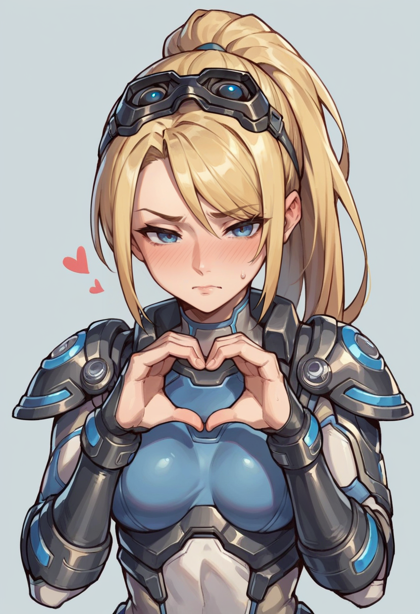 score_9, score_8_up, score_8, source_anime, 1girl, <lora:WidowmakerNova:0.7> solo, medium breasts, ponytail, blonde hair, long hair, blue eyes, bodysuit, armor, goggles, goggles on head blush, front view, eyes half closed, embarrassed, looking at viewer, standing, heart hands,
light blue background, simple background,