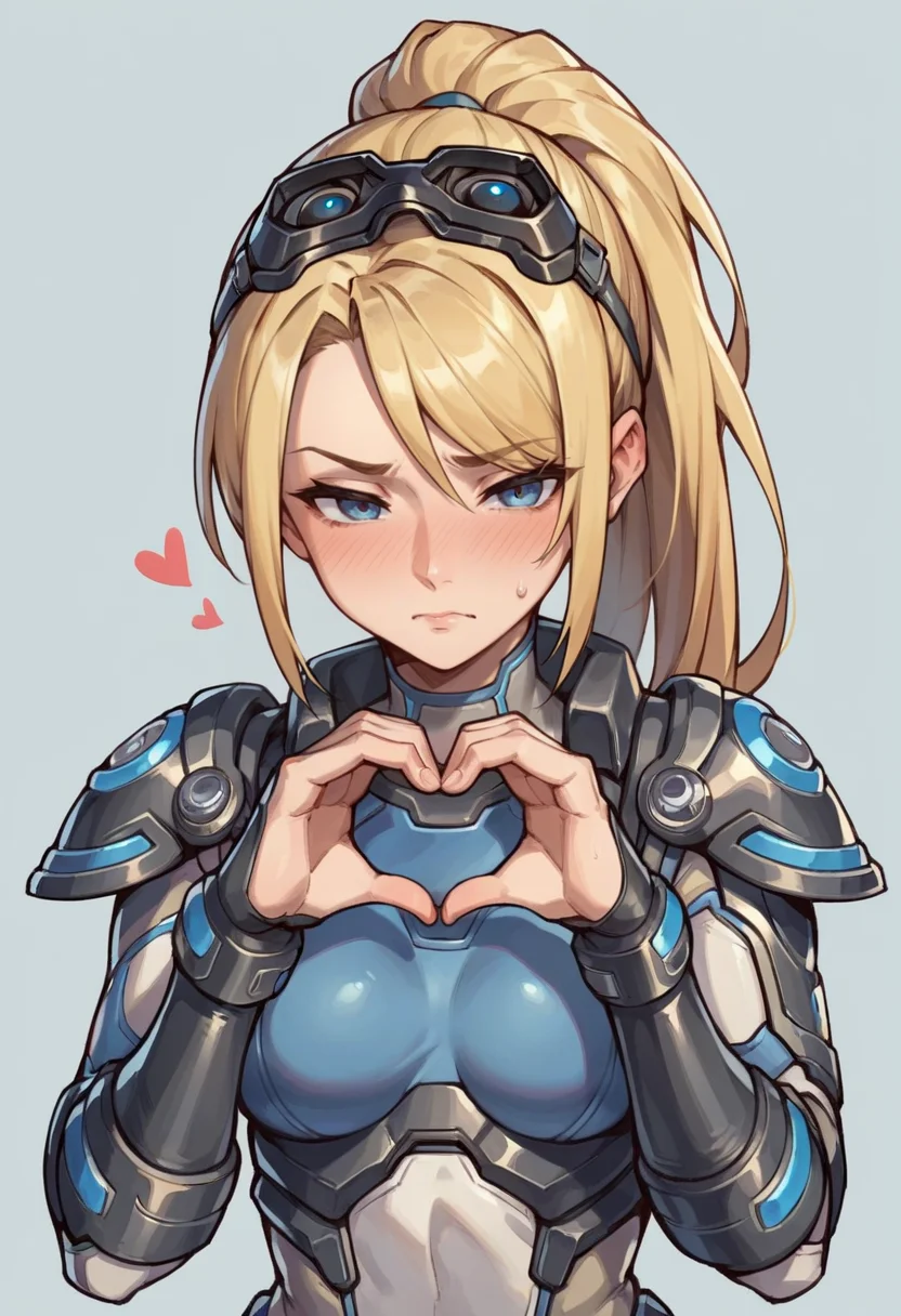 score_9, score_8_up, score_8, source_anime, 1girl, <lora:WidowmakerNova:0.7> solo, medium breasts, ponytail, blonde hair, long hair, blue eyes, bodysuit, armor, goggles, goggles on head blush, front view, eyes half closed, embarrassed, looking at viewer, standing, heart hands,
light blue background, simple background,