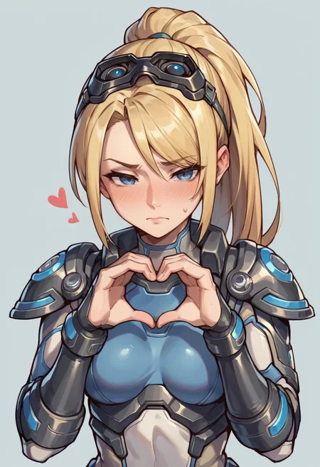 score_9, score_8_up, score_8, source_anime, 1girl, <lora:WidowmakerNova:0.7> solo, medium breasts, ponytail, blonde hair, long hair, blue eyes, bodysuit, armor, goggles, goggles on head blush, front view, eyes half closed, embarrassed, looking at viewer, standing, heart hands,
light blue background, simple background,