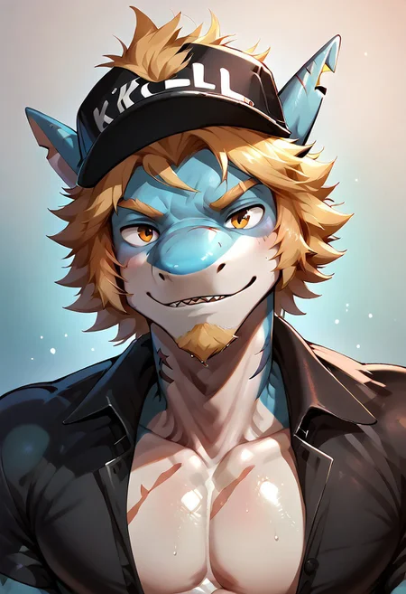 source_cartoon, source_anime, cartoon, score_9, score_8_up, score_7_up, score_6_up, score_5_up, score_4_up, rating_questionable, male focus, 1boy, solo male, (Killer T Cell, colored skin, blue skin, blond hair, blonde hair, amber eyes, facial hair, beard, scar on face), (anthro male shark:1.2), shark_male, detailed scales, ((half body)), ((portrait)), ((upper body)), (no nipples), (black Killer T Cell uniform \(Cells at Work\), black collared shirt, pecs, partically open shirt, black cap, Killer T Cell cap \(Cells at Work\), earpiece, fingerless gloves), bodybuilding, (hypermasculine), (tall), (hypermuscle), muscular, bara, (massive pectoral), (black collared shirt), looking at viewer, at the hospital, hospital background, <lora:GonTang_Style:1>,  <lora:Detail_Tweaker:1.5>