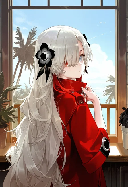 kedama milk,starshadowmagic,rella,dino \(dinoartforame\),modare,as109,rei \(sanbonzakura\),dishwasher1910,
1girl, isekai joucho, virtual youtuber, hair over one eye, long hair, hair ornament, red hair, looking at viewer, solo, multicolored hair, hair flower, tree, flower, looking back, palm tree, upper body, grey hair, two-tone hair, outdoors, expressionless, sky, blue eyes, white hair, coat, from behind, window, indoors, day, short sleeves, very long hair, grey eyes, heterochromia, black flower, hand up, closed mouth, red coat, streaked hair, 
,masterpiece,best quality,amazing quality,