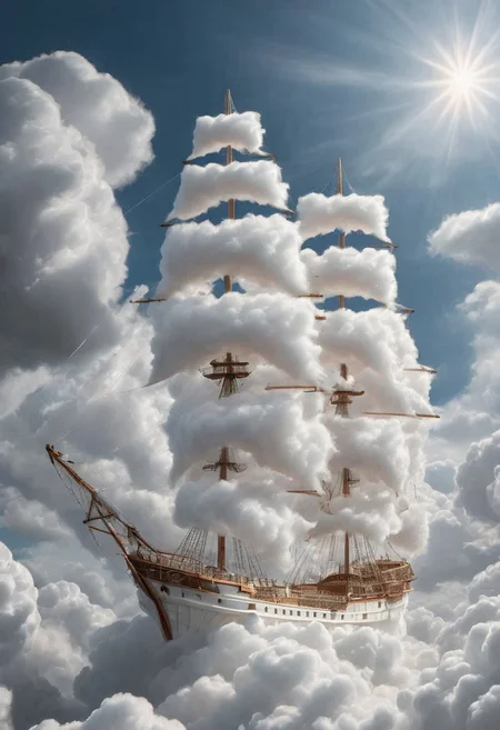 White old Hufe sailing ship is cruising above clouds in the Sky, sunshine, CottonCandyStyle, cloudify, sky, clouds, masterpiece, Award winning