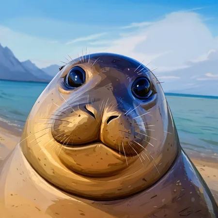 fisheye view, a funny smiling fat seal stares at the viewer, big nose, caricature, albeniz rodriguez style <lora:albeniz-rodriguez-style-v2:0.6>