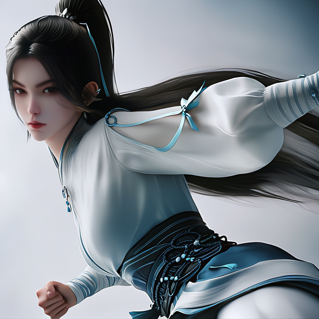 <lora:ponyningyao1v:1>,ningyao,score_9,score_8_up,score_7_up,a young woman with a striking appearance, she has fair skin and striking, almond-shaped eyes with a piercing gaze, her long, flowing black hair is tied into a high ponytail with a blue ribbon, and she wears a traditional japanese-inspired outfit consisting of a white, long-sleeved blouse with blue accents, and a blue skirt with intricate, blue and black patterns, the blouse has a high collar and long sleeves, and the skirt is cinched at the waist with a black belt, her right hand is extended towards the viewer, with her fingers slightly curled, as if she is about to perform a martial arts pose, the background is a gradient of soft, muted grays, which contrasts sharply with her dark hair and outfit, making her the focal point of the image, the overall style is hyper-realistic, with a focus on detailed textures and lighting effects, giving the image a lifelike quality