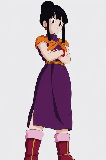 source_anime, score_9, score_8_up, score_7_up, anime screencap,8k, absurd res,
chi-chi, 1girl, solo, looking at viewer, bangs, simple background, black hair, white background, looking to the side, standing, full body, sidelocks, earrings, boots, blunt bangs, hair bun, black eyes, red bracelet, crossed arms, single hair bun, red footwear, purple dress, orange neckerchief, pink legwear, orange sash, sleeveless, from below,
<lora:chichiDBZ_pony_v1:0.8>