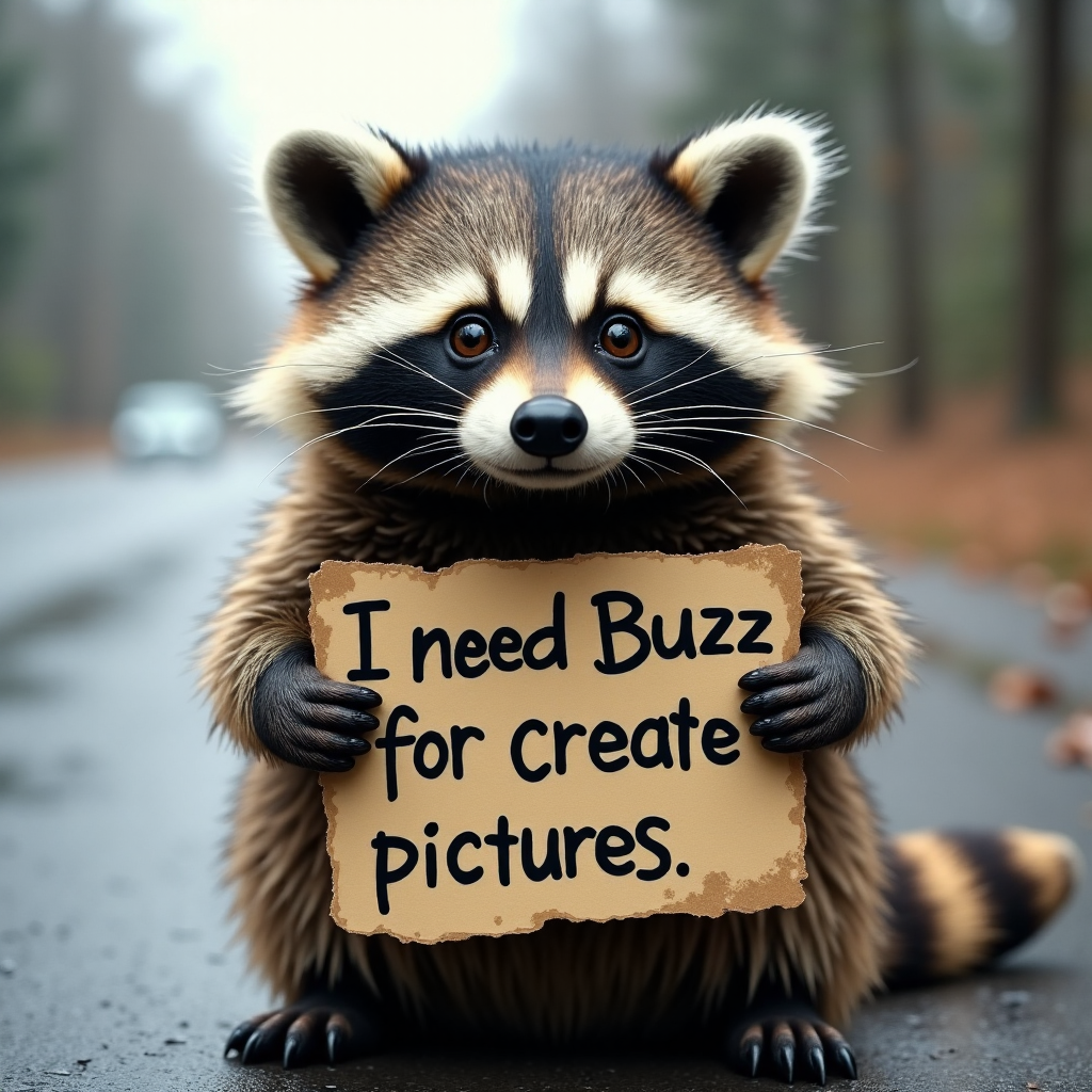 A cute fluffy fat racoon on the side of the road holds a sign in his paws that says "I need Buzz for create pictures." He has very big, watery, pleading eyes as he looks at the viewer. It's cold and wet on the side of the road, and he needs the viewer's help. <lora:futuristicportraits:1>