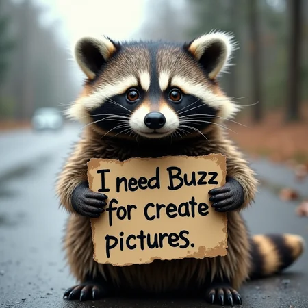 A cute fluffy fat racoon on the side of the road holds a sign in his paws that says "I need Buzz for create pictures." He has very big, watery, pleading eyes as he looks at the viewer. It's cold and wet on the side of the road, and he needs the viewer's help. <lora:futuristicportraits:1>