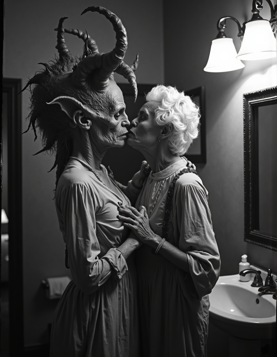 monochrome, a elderly woman passionally kissing a demon on the shoulder. the demon is in the bathroom standing in front of a mirror brushing it's teeth. d34thd3m0n