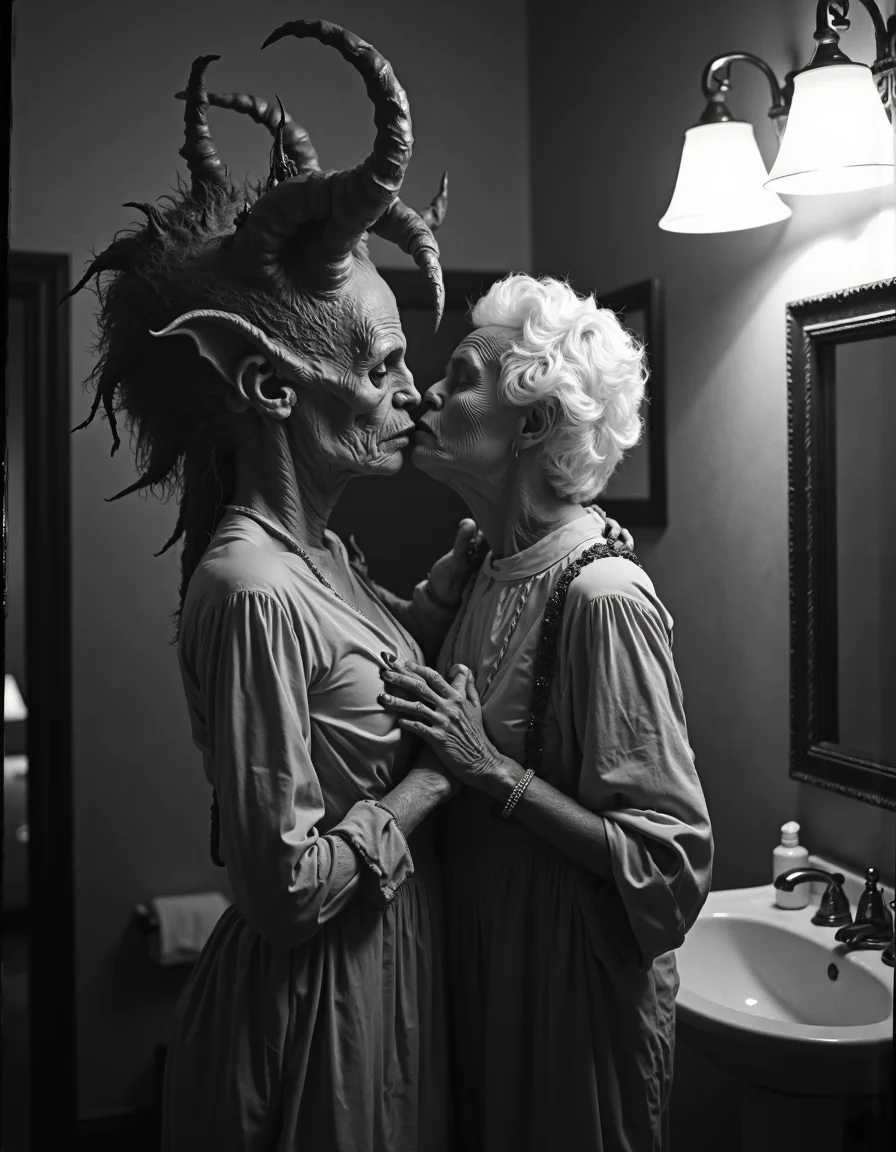 monochrome, a elderly woman passionally kissing a demon on the shoulder. the demon is in the bathroom standing in front of a mirror brushing it's teeth. d34thd3m0n