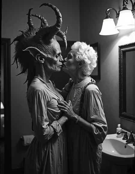 monochrome, a elderly woman passionally kissing a demon on the shoulder. the demon is in the bathroom standing in front of a mirror brushing it's teeth. d34thd3m0n