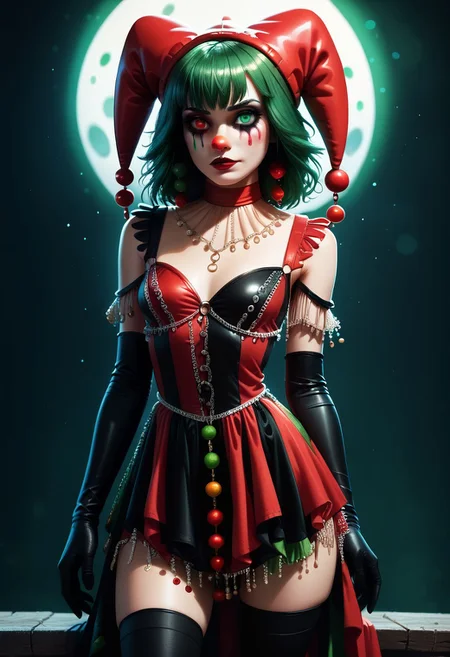 score_9, score_8_up, score_7_up, score_6_up, 1girl, bokeh, Heterochromia, red eye, green eye, c1rcus, clown, red and green hair, thigh highs, gloves, gothic makeup, striped, jester cap, c1rcusstyl3, (((beaded dress))), ((beads))