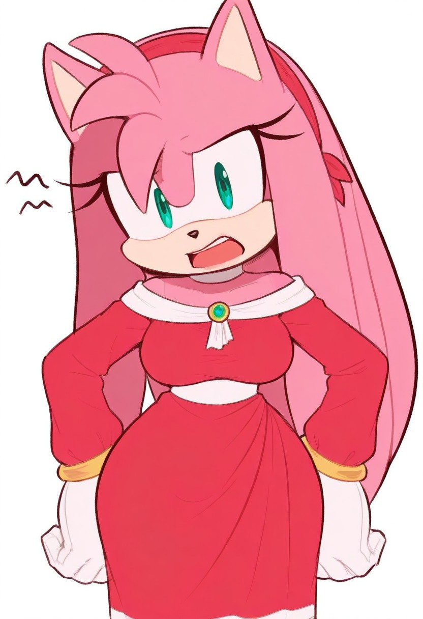 white background, simple background, sold color background, 2d, 1girl, solo, masterpiece, best quality, extreme detail, hourglass figure, wide hips, round boobs, medium breasts, narrow waist, mature female, 1girl, solo, Sega, amy rose, white gloves, long sleeves, red dress, off shoulder, choker, green eyes, pink hair, long hair, extremely long hair, hair over shoulders, white trim, gold bracelets, red headband, animal ears, anthro female, eyelashes, baggy sleeves, close up, upper body, frustrated expression, hands on hips, open mouth, looking at viewer,