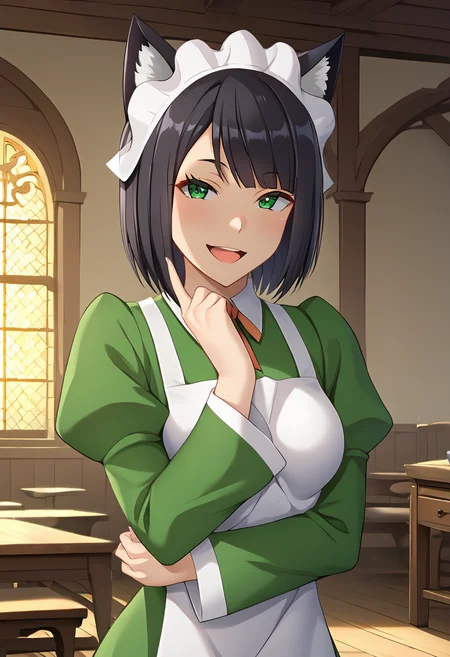 Chloe_Rollo, black hair, medium hair, cat ears, green eyes, medium breasts, hostess maid uniform, green dress, whte apron, puffy sleeves, maid headdress, neck ribbon, BREAK indoors, medieval, ballroom, BREAK looking at viewer, sexy face, sexy smile, open mouth, cowboy shot BREAK score_9, score_8_up, score_7_up, source_anime ,zPDXL, perfect hand, <lora:Chloe_Rollo:0.8>