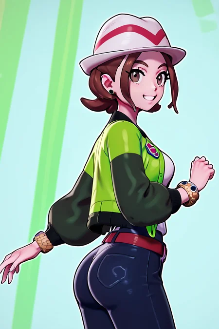 score_9, score_8_up, score_8, medium breasts, (curvy), cute, eyelashes, ,,, zzMC, brown eyes, brown hair, short hair, medium hair, white headwear, green jacket, long sleeves, open jacket, white shirt, collarbone, pants, bracelet, belt buckle, ,<lora:ProtagonistFPokemonZA_PDXL_v3:1.0>, ,,, BREAK, smile, looking at viewer, cowboy shot, side view, ass, ,,, embedding:zPDXL, Expressiveh, ,,, <lora:Zy0n7_PDXL:0.8>, <lora:SDXLFaeTastic2400:0.5>, <lora:Expressive_H-000001:0.4>,