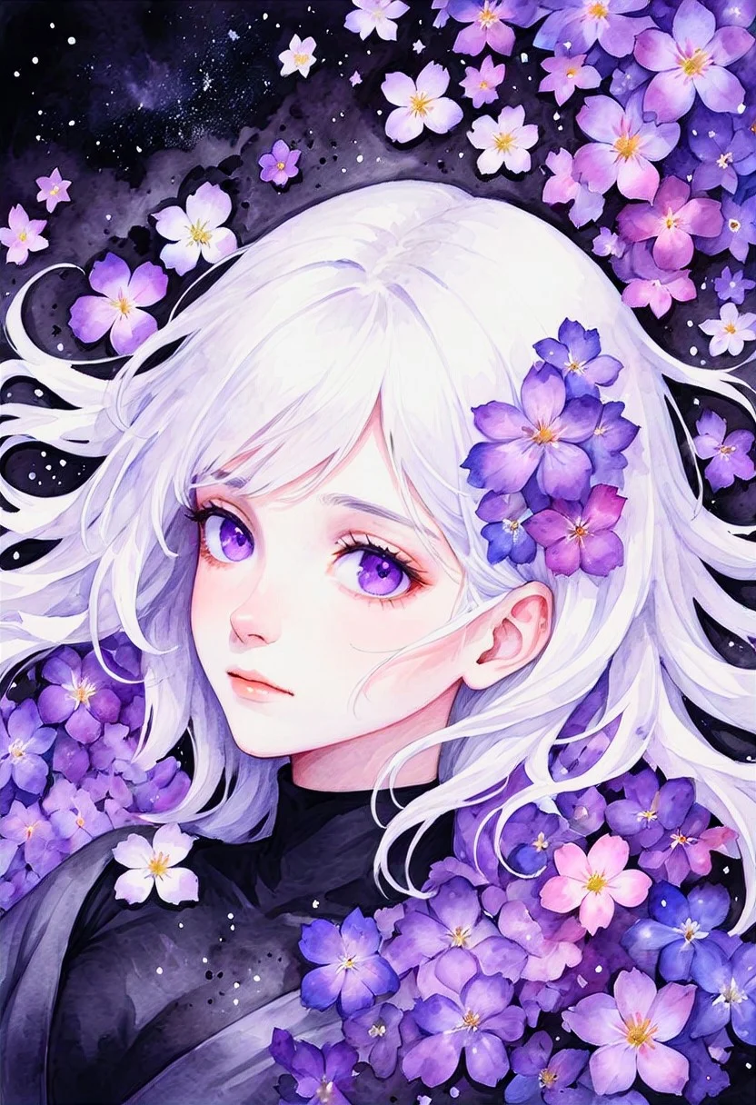 watercolor portrait, a young woman with white hair and purple eyes laying down, her hair is covered in galaxy blossoms, the black sand surrounds her head