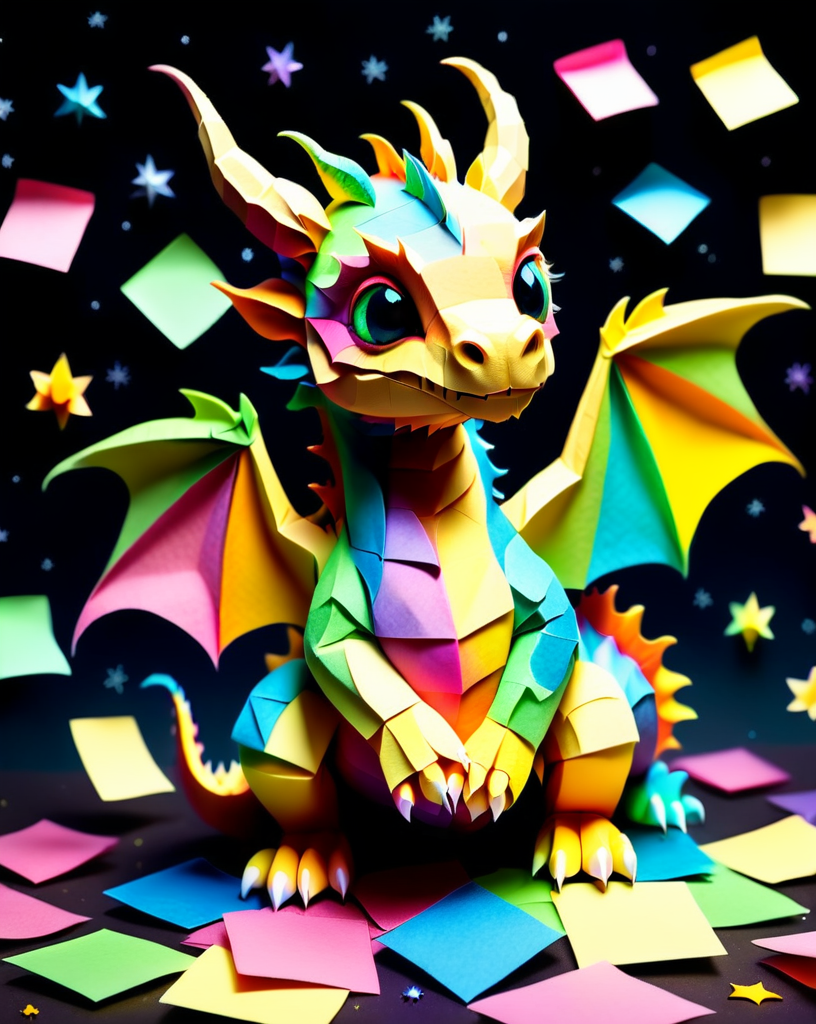 a small colorful cute baby dragon with tiny scales made out of Jed-StickyN, dynamic pose, dynamic angle, dark fantasy, intricate details, ultra wide shot, zoomed out, on a tiny mound,
<lora:StickyNotesStyle:1>,  <lora:add-detail-xl:0.7>,  <lora:sd_xl_dpo_lora_v1:1>, <lora:xl_more_art-full_v1:0.3>,  set against a  background of a starry sky,
