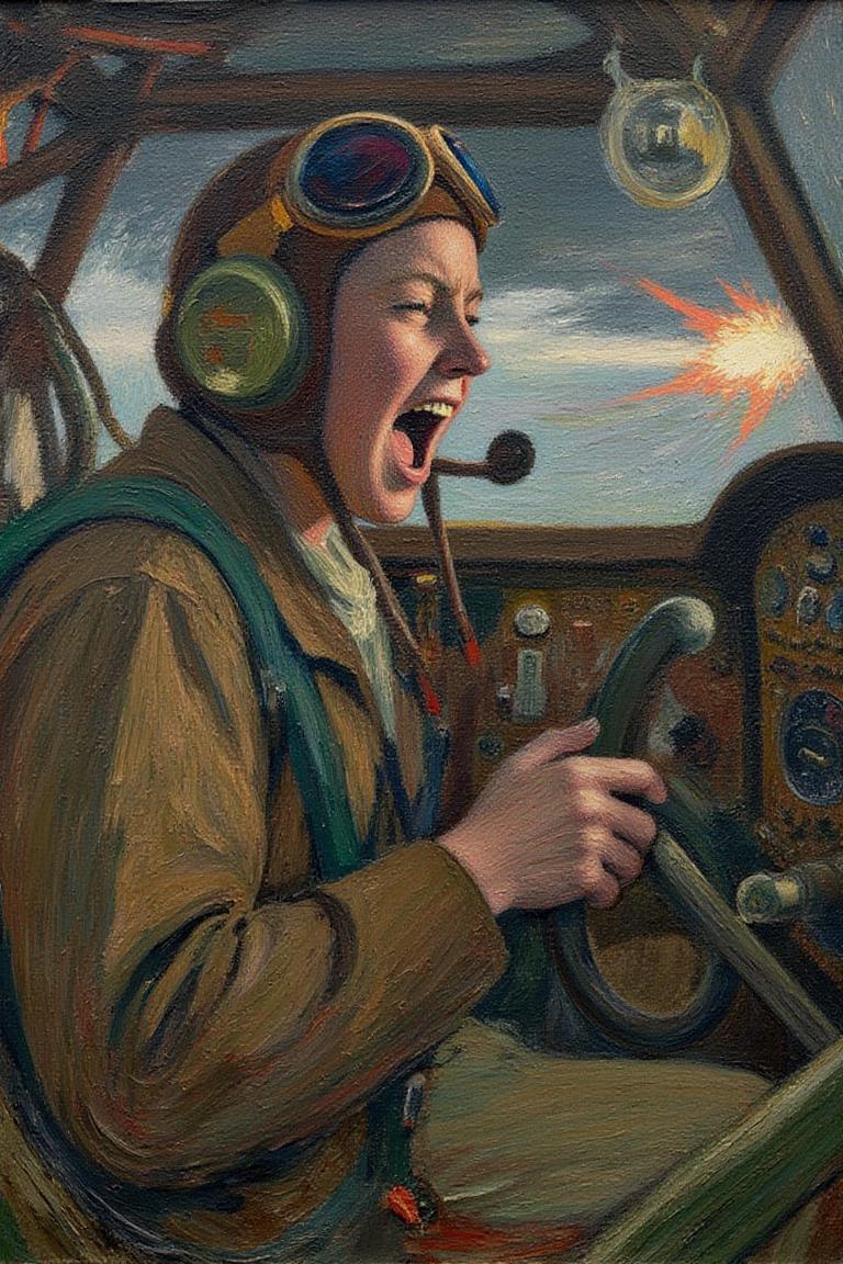 henrimartin1 painting.
A female pilot screaming inside the cockpit of a World War II bomber. The pilot, wearing a vintage leather flight helmet with goggles and a bomber jacket, grips the controls with white-knuckled hands. Her face is contorted in a mix of fear and determination as she yells, her eyes wide with adrenaline. The cockpit is cramped and filled with old-fashioned dials and gauges, with the outside view showing dark stormy clouds and distant anti-aircraft fire <lora:henrimartin1_cap_d8a4e12:1.0><lora:851861891759212718:0>