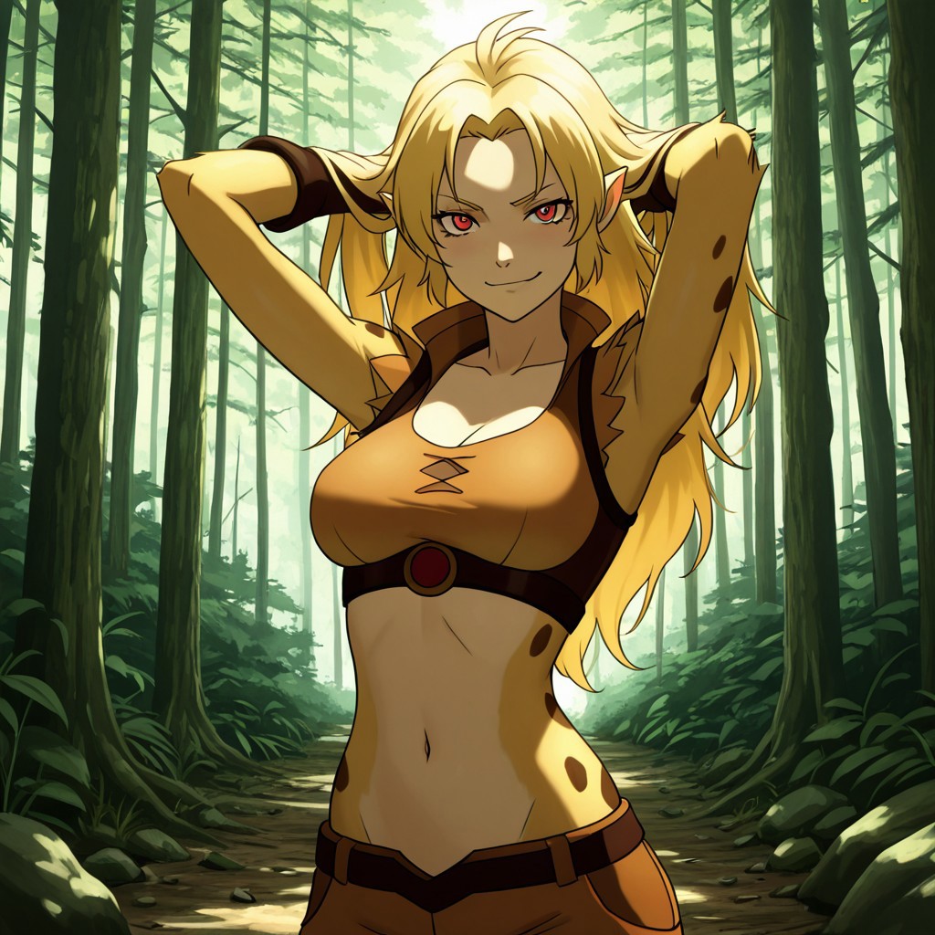 masterpiece, best quality, break, solo, cheetara_tc, blonde hair, long hair, red eyes, pointy ears, crop top, navel, hands in hair, looking at viewer, smirk, forest, natural lighting