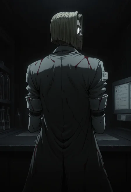 masterpiece, best quality, amazing quality, very aesthetic, DocAN, 1boy, male, solo, blonde hair, curtained hair, short hair, opaque glasses, white elbow gloves, white lab coat, blood on clothes, from behind, looking back, looking at viewer, smile, dark, laboratory, cowboy shot