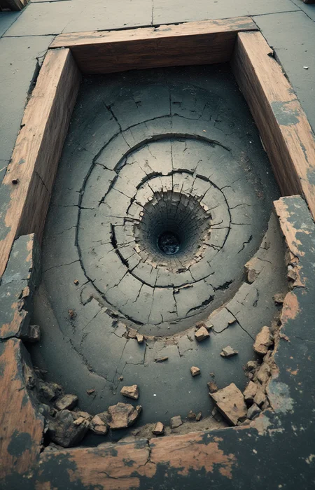 a strange and impossible to solve möbius snake is confused by a broken mirror 454.78 degree upside down inside a skewed house, baffling optical illusion:1.2, disorienting angle<lora:- Flux1 - impossible_geometry_V1.0:.7>