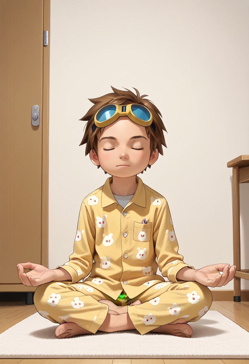 score_9, score_8_up, score_7_up, zPDXL2, 
,
1boy, solo, goggles on head, brown hair, 
Standing in the room wearing pajamas
hud_m3dit4tion, indian style, sitting, on floor, , pants, facing viewer, barefoot, closed eyes,
