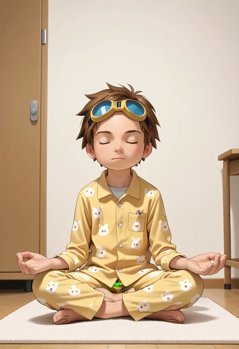score_9, score_8_up, score_7_up, zPDXL2, 
,
1boy, solo, goggles on head, brown hair, 
Standing in the room wearing pajamas
hud_m3dit4tion, indian style, sitting, on floor, , pants, facing viewer, barefoot, closed eyes,