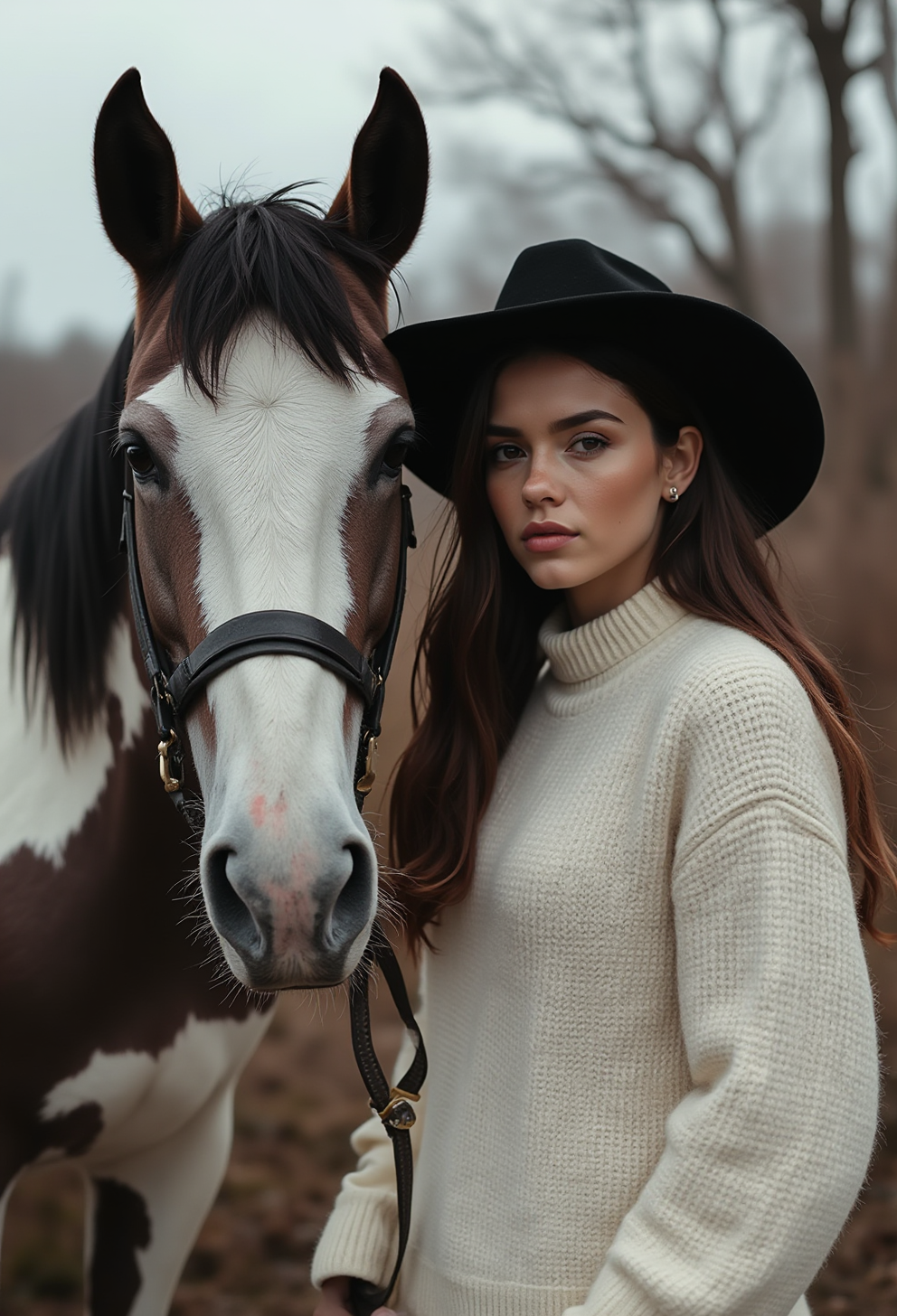 S4DC1NE. Photograph captures a young woman with long, dark hair and a contemplative expression, standing next to a horse. The woman is wearing a black cowboy hat and an oversized, knitted white sweater. She has a slender build and fair skin. The horse beside her is a sleek, white-and-black pinto with a calm demeanor, and it is harnessed with a bridle. The background features a blurred, natural setting with leafless trees, suggesting a wintery or autumnal atmosphere. The textures in the image are rich, with the horse's fur and the knitted sweater contrasting against the smooth skin of the woman. The overall mood is introspective and serene, highlighting the connection between the human and animal subjects. The photograph's high contrast and grainy texture add to its vintage, rustic feel. 