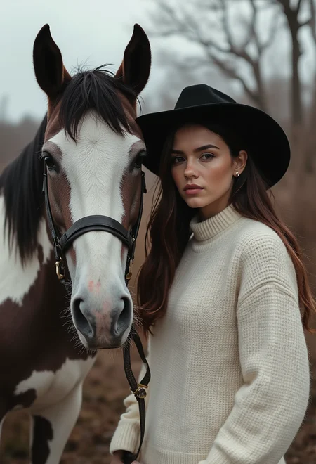 S4DC1NE. Photograph captures a young woman with long, dark hair and a contemplative expression, standing next to a horse. The woman is wearing a black cowboy hat and an oversized, knitted white sweater. She has a slender build and fair skin. The horse beside her is a sleek, white-and-black pinto with a calm demeanor, and it is harnessed with a bridle. The background features a blurred, natural setting with leafless trees, suggesting a wintery or autumnal atmosphere. The textures in the image are rich, with the horse's fur and the knitted sweater contrasting against the smooth skin of the woman. The overall mood is introspective and serene, highlighting the connection between the human and animal subjects. The photograph's high contrast and grainy texture add to its vintage, rustic feel.