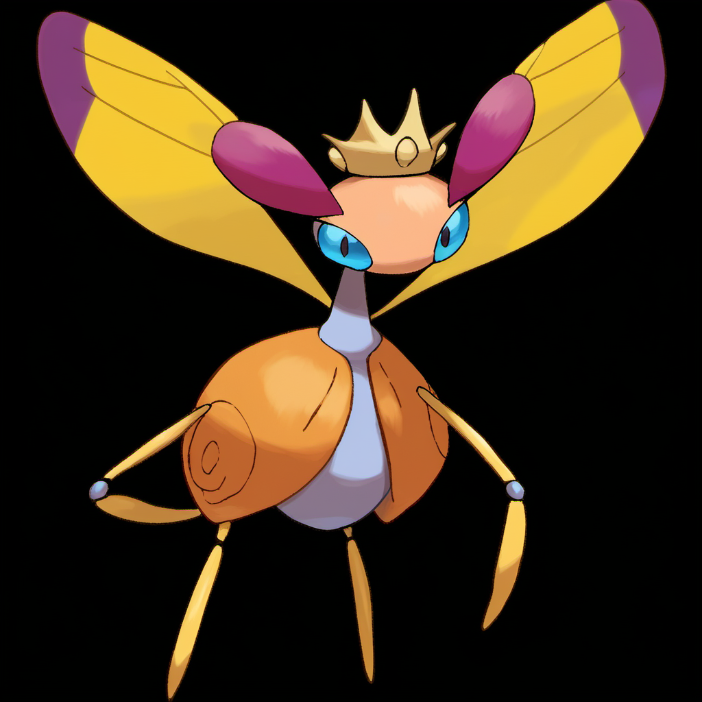 source_furry, rating_safe,  <lora:pokemon_pony_xl:1.0>, Type: Bug, Type: Fighting, Egg Group: not obtainable, is an Ultra Beast that resembles a feminine anthropomorphic cockroach, It is primarily white with a thin build, Its torso is composed of five thin discs that droop slightly downward, The widest disc makes up its shoulders, the second widest its hips, and the two smallest its chest and waist, There is a gold ovoid inside of the widest disc, where its long, thin neck protrudes from, Its arms and legs are also long and thin with gold joints, Its hands and feet are both composed of two golden claws, has a small, semi-flattened head with a yellow, crown-like structure on top, The two tallest points of the crown point to its long, thin antennae, which are white with small gold balls at the tips, Attached to the back of its head are two structures resembling insect wings, The wings are transparent, curve slightly inward, and reach nearly to the ground, It has narrow, purple eyes with bright blue pupils, score_9, score_8_up, score_7_up, score_6_up, score_5_up, score_4_up