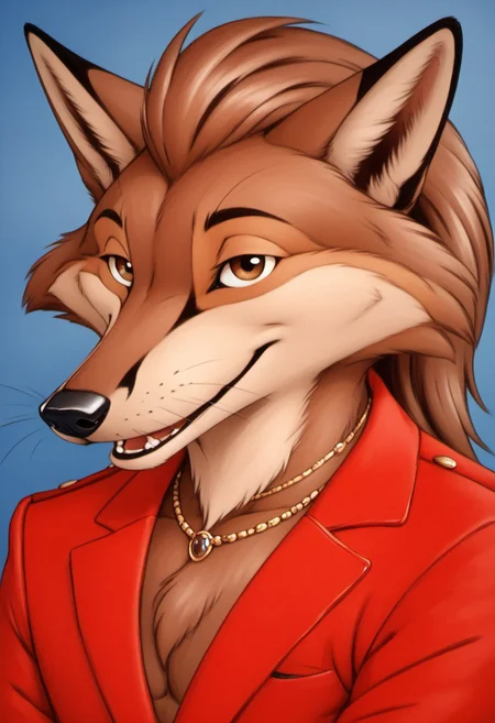 score_9, score_8_up, score_7_up, score_6_up, score_5_up, score_4_up, photorealistic, realistic, masterpiece), furry male, detailed face, detailed eyes, detailed hair, detailed fur, solo, Kar_B_style, kemono, furry anime, inked lines, heavy lines, detailed sketch, high detail, color pencil, pencil lines, anthro character, anthropomorphic animal, anthropomorphic animals, animal focus, (((headshot))) 
BREAK
Fox_FTfEC, Anthro Fox, long snout, very long snout, eyelashes, whiskers, black nose, brown fur, tan muzzle, brown hair, long hair, slicked back hair, muscular male, top-heavy build, gold chain, Red sports coat, no shirt, black pants, Italian loafers, 
BREAK
<lora:add-detail-xl:1.5>