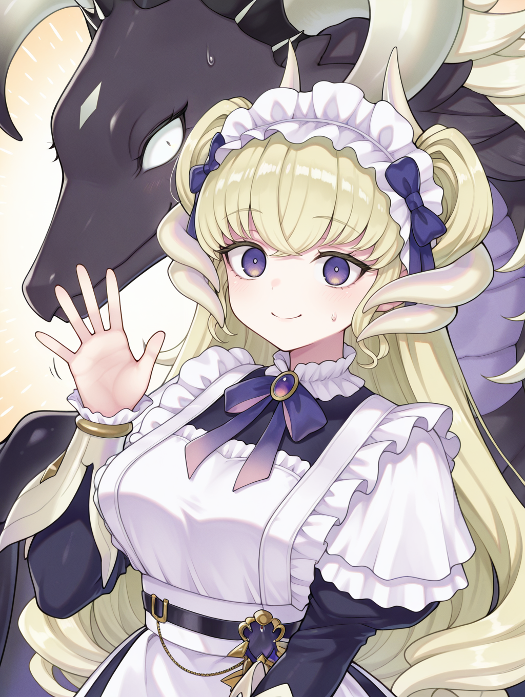 1girl, dragonmaid latys, blue bow hairband, blue maid dress, 1other, dragonmaid stern, dark dragon, sweatdrop, smile, waving, looking at viewer, closed mouth, solo, hand up, upper body, dressing, o_o
masterpiece,best quality,amazing quality,very aesthetic,absurdres,newest,<lora:Chamber dragonmaid illuXL v1:0.73>,