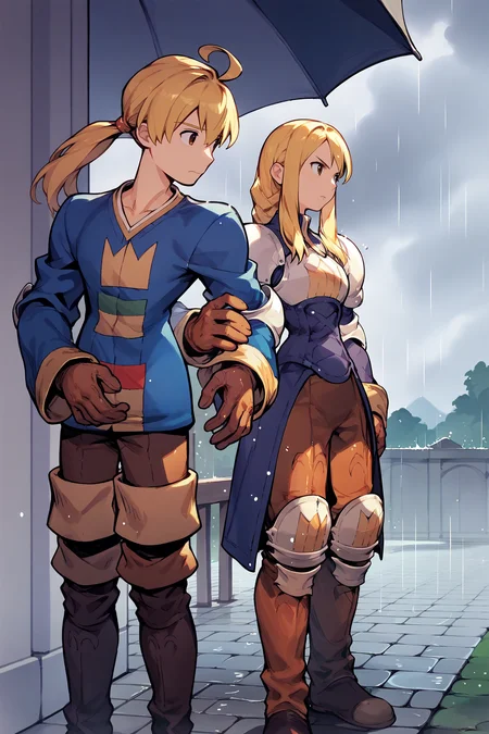 score_9, score_8_up, score_7_up, score_6_up, source_anime, man and woman, grey sky, rain BREAK 1boy <lora:fframza-pdxl-nvwls-v1-000005:1> ramza beoulve, blonde hair, ahoge, brown eyes, low ponytail, blue shirt, long sleeves, brown pants, thigh boots, brown gloves, concerned BREAK 1girl <lora:agrias-pdxl-nvwls-v1:1> agrias, blonde hair, braided ponytail, shoulder armor, armor, corset, brown pants, brown gloves, knee pads, serious, tall