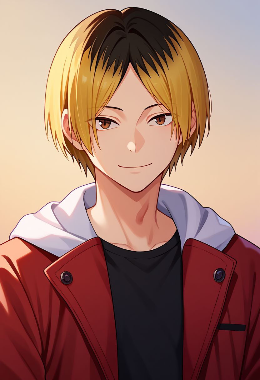 score_9, score_8_up, score_7_up, source_anime, highly detailed, 
kenma, 1boy, male focus, blonde hair, solo, multicolored hair, two-tone hair, jacket,
hood, looking at viewer, black shirt, shirt, black hair, brown eyes, 
smile, upper body, hoodie, red jacket, bang,
outdoor, sunset, upper body,