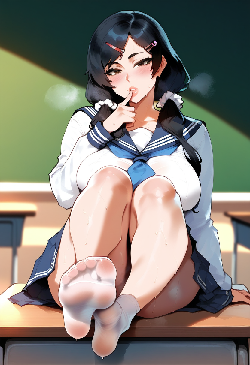 score_9, score_8_up, score_7_up, score_6_up, source_anime,<lora:CMN(Pony)0.1v:1>,
1girl, feet, no shoes, solo, foot focus, hair ornament, soles, sweat, school uniform, looking at viewer, toes, sailor collar, serafuku, blush, twintails, long hair, desk, indoors, long sleeves, black hair, neckerchief, hairclip, classroom, shirt, finger to mouth, breasts, chalkboard, steaming body, white shirt, steam, blurry, socks, low twintails, school desk, white scrunchie, brown eyes, blue sailor collar, lips, sitting, pantyhose, black sailor collar, large breasts, smell, parted lips, foreshortening, black eyes, skirt, hair over shoulder, blue neckerchief