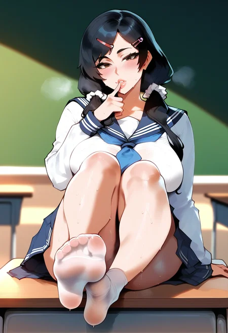 score_9, score_8_up, score_7_up, score_6_up, source_anime,<lora:CMN(Pony)0.1v:1>,
1girl, feet, no shoes, solo, foot focus, hair ornament, soles, sweat, school uniform, looking at viewer, toes, sailor collar, serafuku, blush, twintails, long hair, desk, indoors, long sleeves, black hair, neckerchief, hairclip, classroom, shirt, finger to mouth, breasts, chalkboard, steaming body, white shirt, steam, blurry, socks, low twintails, school desk, white scrunchie, brown eyes, blue sailor collar, lips, sitting, pantyhose, black sailor collar, large breasts, smell, parted lips, foreshortening, black eyes, skirt, hair over shoulder, blue neckerchief