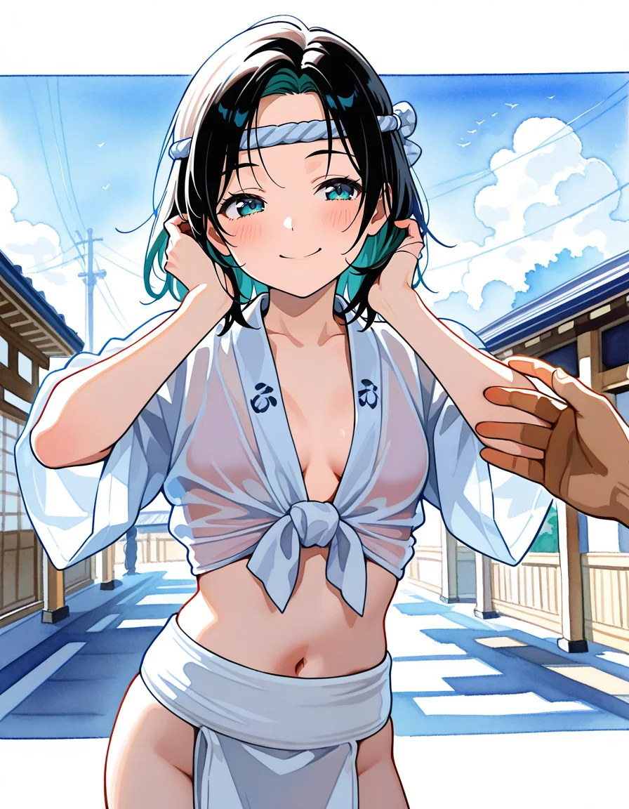score_7_up, anime BREAK official art,
<lora:yamakasa-000007:1>, yamakasa,
1girl, solo focus, smile, mizuhappi, hachimaki, navel,
(masterpiece:1.3), best quality, high resolution, unity 8k wallpaper, extremely detailed CG, 8K, (watercolor \(medium\), muted color, sketch:1.1), perfect anatomy, highly finished, masterpiece, best quality, high quality, amazing quality, great quality, very aesthetic, ultra detailed, highres, absurdres, highly detailed, highly detailed background,