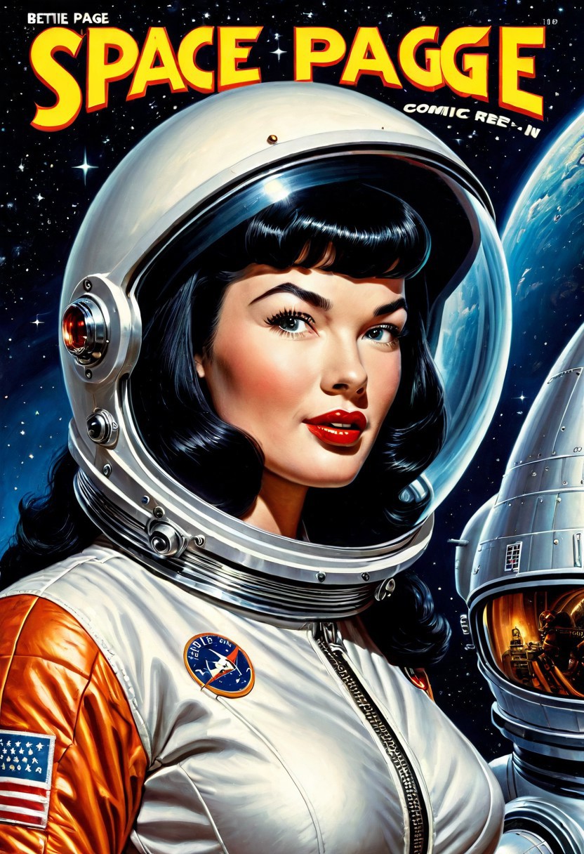 A realistic oil portrait of Bettie Page pinup woman wearing a antique retro-scifi style spacesuit, background of a retro-scifi rocketship spaceship, space scene, Text heading "SPACE CADET" in comic retro-sci font at the top