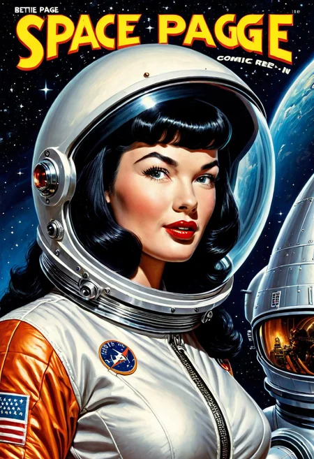 A realistic oil portrait of Bettie Page pinup woman wearing a antique retro-scifi style spacesuit, background of a retro-scifi rocketship spaceship, space scene, Text heading "SPACE CADET" in comic retro-sci font at the top