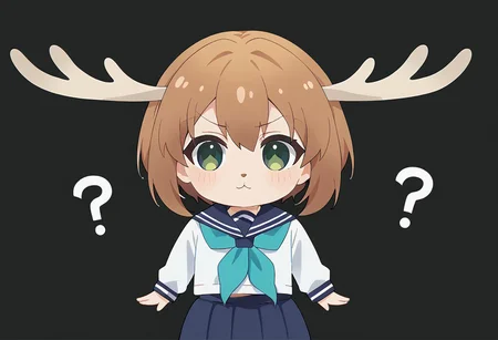 score_9, score_8_up, score_7_up, masterpiece, best quality, blurry background, detailed, perfect, perfection,
BREAK
nokotan, blue eyes, green eyes, two-tone eyes, brown hair, short hair, deer antlers, :3,
BREAK
school uniform, white shirt, long sleeves, blue serafuku, aqua neckerchief, blue skirt, white socks, brown shoes, small chest,
BREAK
chibi, hand to mouth, question mark, simple background, black background