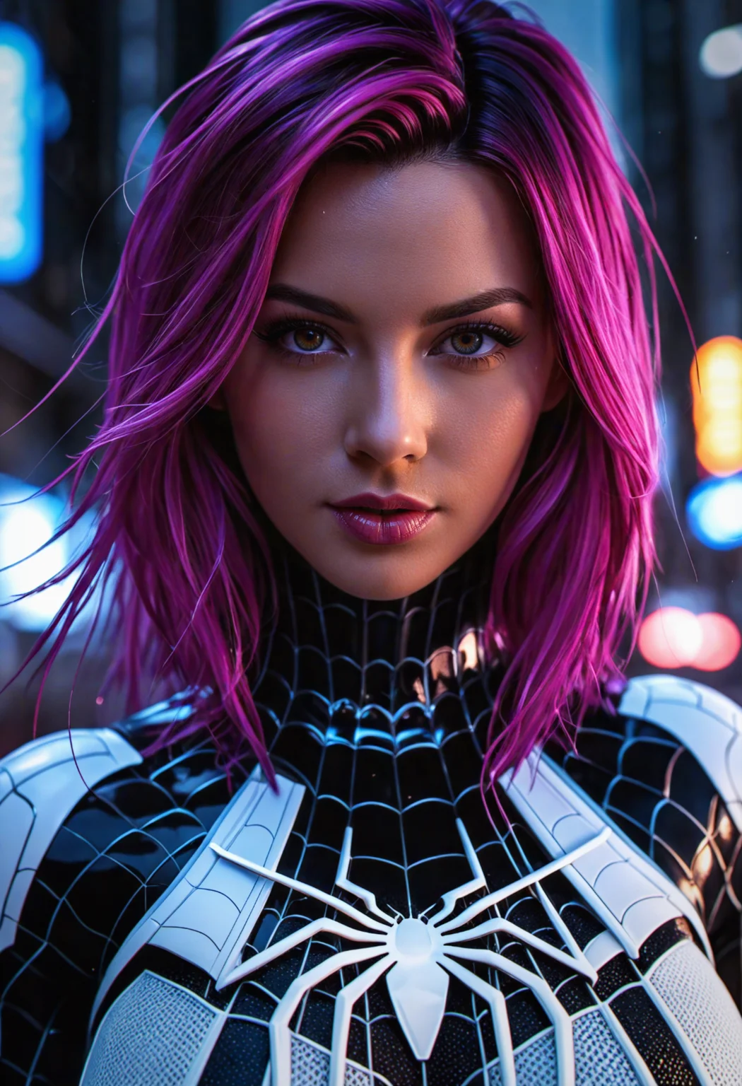neonpunk style (best quality, masterpiece, highest detailed), a beautiful woman, medium breasts, white spider-man suite, ultra-detailed, (official art, extreme detailed, highest details), photorealistic, intricate translucent energy details, bokeh, detailed face, detailed eyes, HDR+ 8K, extreme close-up shot,wide angle view . cyberpunk, vaporwave, neon, vibes, vibrant, stunningly beautiful, crisp, detailed, sleek, ultramodern, magenta highlights, dark purple shadows, high contrast, cinematic, ultra detailed, intricate, professional