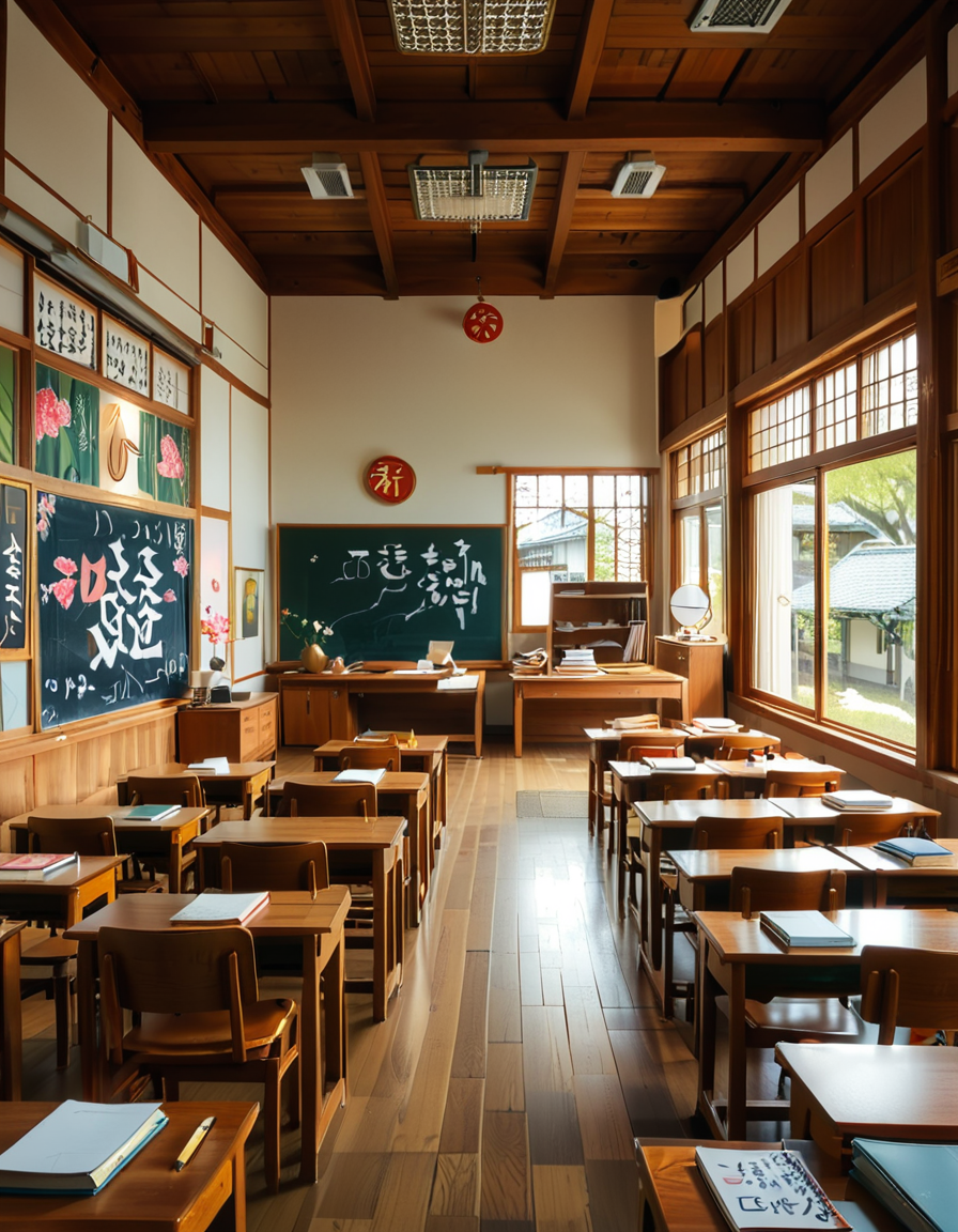 A traditional Japanese classroom during daytime, filled with wooden desks and chairs neatly arranged in rows. Large windows on one side let in natural light, showing a view of cherry blossom trees outside. The room has a chalkboard at the front with neatly written Japanese characters, and a teacher's desk with books and stationery. Educational posters with kanji and hiragana hang on the walls, alongside a clock above the board. The floor is polished wood, reflecting the soft sunlight. The atmosphere is calm and orderly, evoking a nostalgic and warm feeling. The image is highly detailed, realistic, and well-lit, capturing the traditional Japanese school environment.
<lora:SDXLFaeTastic2400:0.4> <lora:extremely_detailed:0.4> extremely detailed, <lora:Japanese_cl4ssr00m:1>,Japanese cl4ssr00m, Masterpiece,best quality,hi res,8k,hi res,8k,award winning,(sharp focus, intricate, highly detailed),