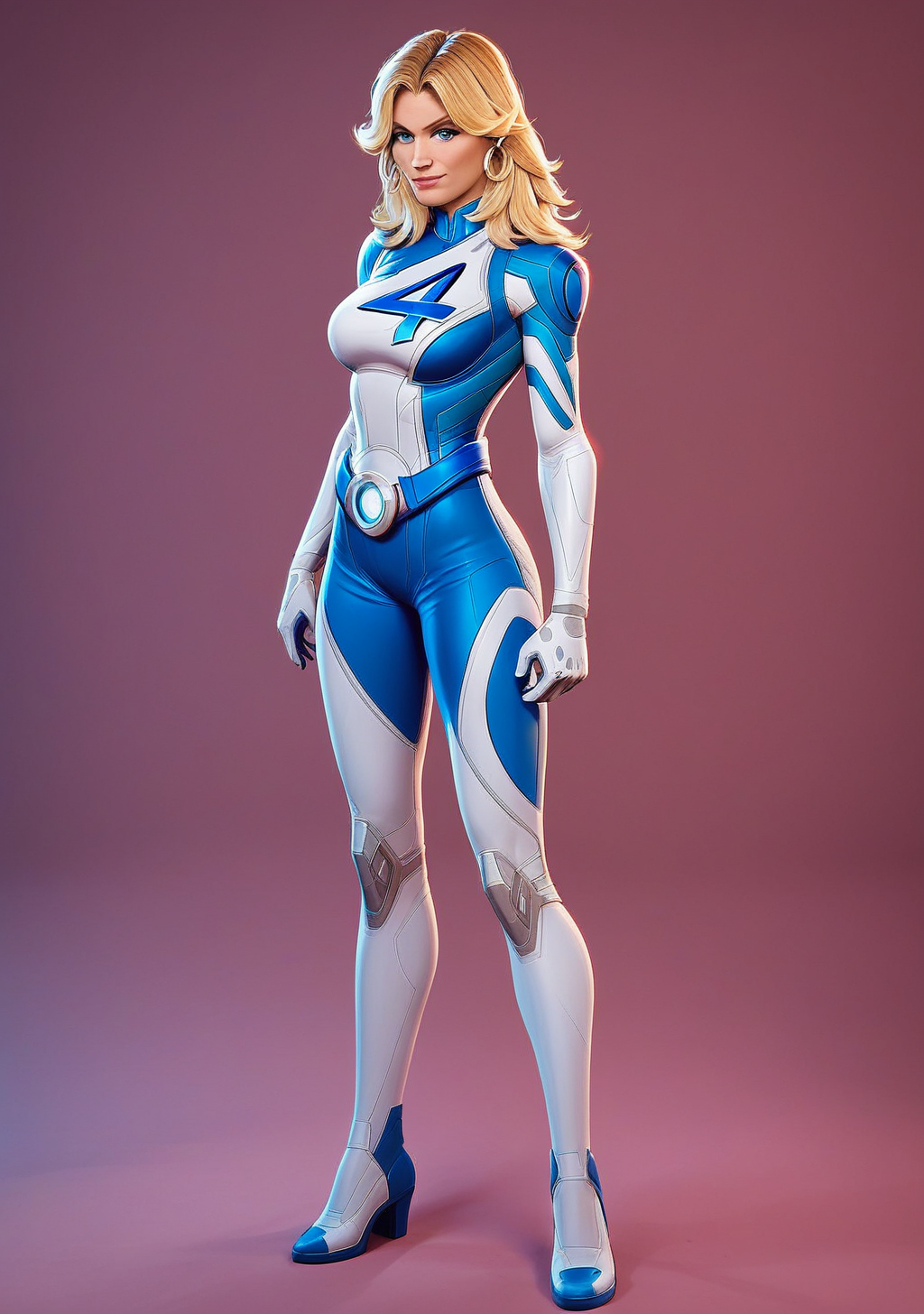 score_9, score_8_up, score_7_up, score_6_up, score_5_up, score_4_up, masterpiece, high quality, BREAK, full body, BREAK,   <lora:Susan_Storm__Invisible_woman_Marvel_Rivals_Pony:0.8> sue storm (marvel rivals), susan storm, sue storm, blue outfit, earrings, blue eyes, "4" symbol, blonde hair,