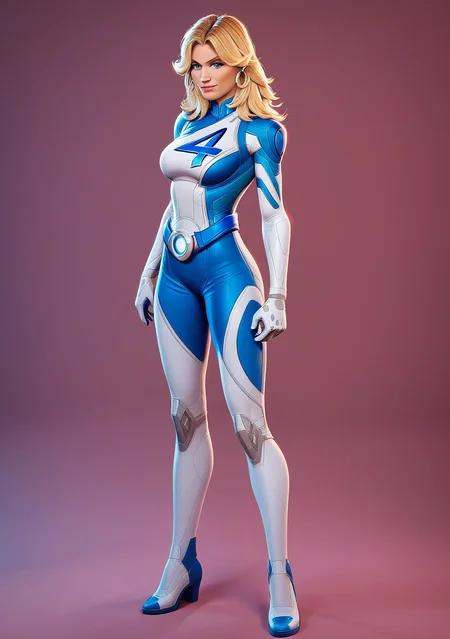 score_9, score_8_up, score_7_up, score_6_up, score_5_up, score_4_up, masterpiece, high quality, BREAK, full body, BREAK, <lora:Susan_Storm__Invisible_woman_Marvel_Rivals_Pony:0.8> sue storm (marvel rivals), susan storm, sue storm, blue outfit, earrings, blue eyes, "4" symbol, blonde hair,