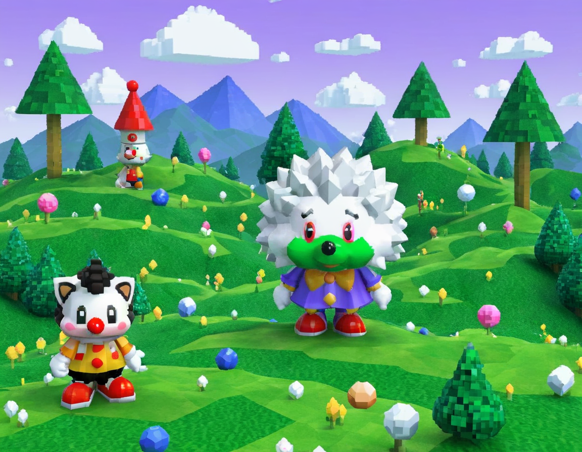 90sgum, clown hedgehog character old retro game 3d, polygonal, pixelated, lo-fi, green hills backdrop, shapes and patterns, professional photosession for magazine  <lora:90sgum_v0.0.2-cap-e30:0.8>