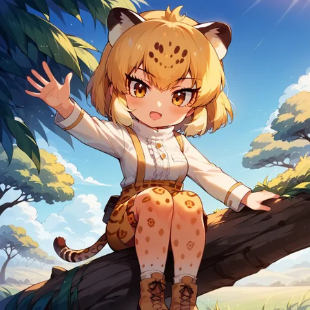 score_9,score_8_up,score_7_up,score_6_up, source_anime, (8k, masterpiece, best quality, cinematic lighting, ultra high res), (extremely detailed image, high resolution, 5k resolution:1.0), (ultra HD quality details), 1girl, anime, slightly chibi, jaguar (kemono friends), animal ears, jaguar ears, blonde hair, short hair, bangs, jaguar print, multicolored hair, tail, jaguar tail, sitting on tree branch, looking down, looking at viewer, waving, perfect hands, :D, blue sky, savanna, vegentation, greenery, warm colors