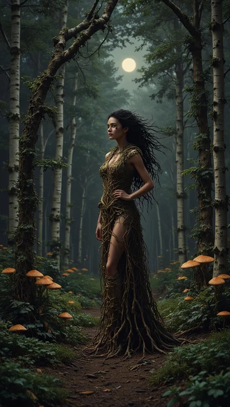<lora:DD2EB639DDA9100A0A1C74AEC4F9F39DE42BE1D407DD3384A4ECB82EB81B3934.safetensors:1>
In the heart of a mystical forest, where the air is thick with the scent of earth and the light is soft and diffused, a ethereal woman stands as a vision of otherworldly grace. Clad in a garment that seems to have grown from the very forest itself, her attire is a tapestry of root-like textures and sinewy forms, interwoven with golden threads that catch the eye and draw the viewer deeper into the scene. Her hair, a cascade of dark, flowing tendrils, merges seamlessly with the gnarled branches and leafy outgrowths that surround her, creating a seamless blend of woman and woodland.
Her eyes, a vivid green that glows with an inner light, are the focal point of the scene, radiating a mix of whimsy and unease. The forest itself is a tapestry of muted greens, browns, and golden tones, with the occasional burst of vibrant color highlighting the intricate details of the organic forms. Silvery birch trees stand sentinel, their trunks and branches entwined with the woman’s form, blurring the line between living creature and ancient plant.
Above, the full moon casts a silvery glow, diffusing the light and casting soft shadows that accentuate the ethereal atmosphere. The ground beneath her feet is a carpet of moss and fallen leaves, dotted with bioluminescent fungi that add to the mystical aura of the scene. Each element, from the gnarled branches to the vine-like structures, contributes to a narrative of dark intrigue and fantastical beauty, inviting the viewer to lose themselves in the whimsical yet unsettling world of this surreal forest.