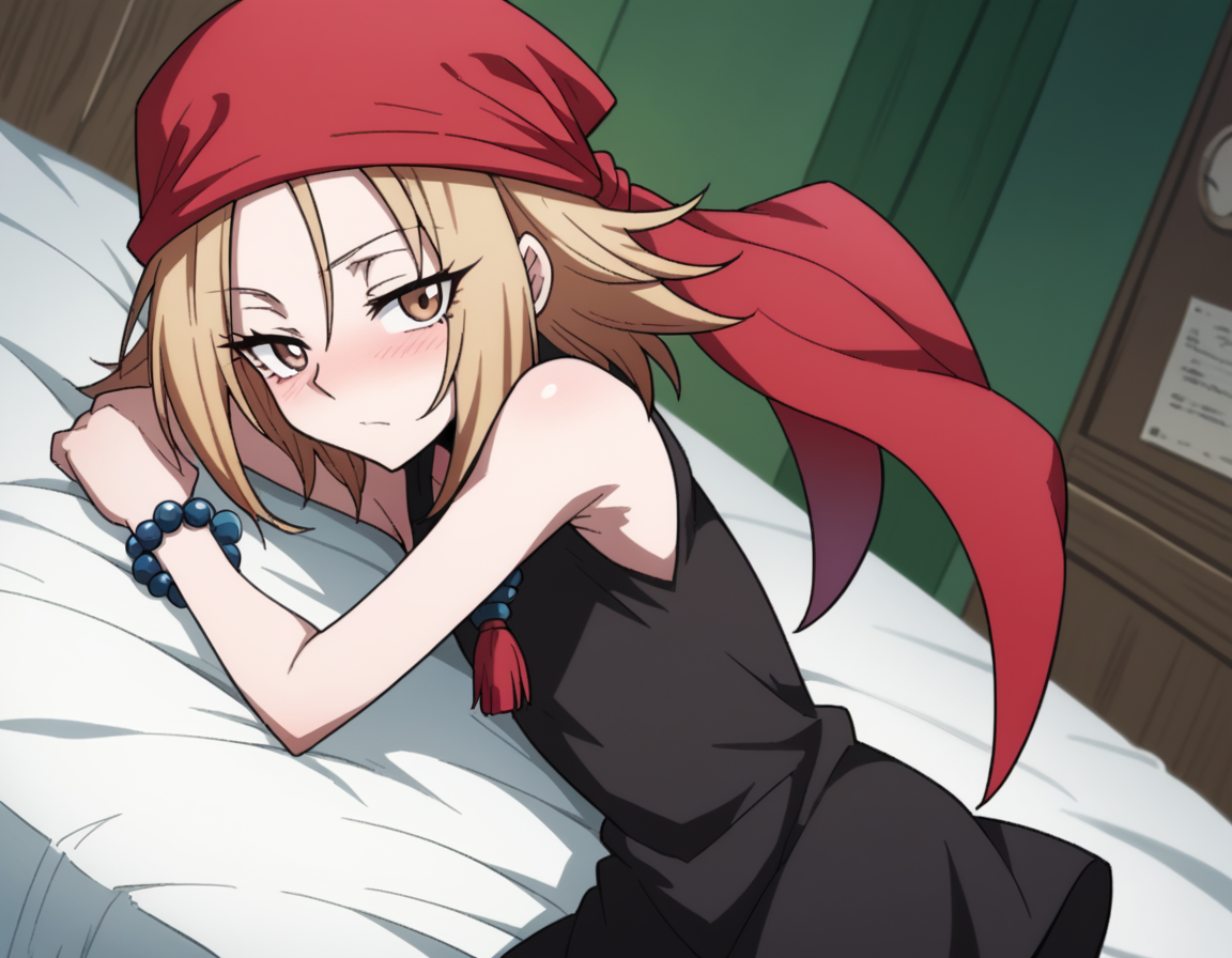 score_9, score_8_up, score_7_up, source_anime,
annakyouyama, <lora:anna-kyouyama-2021-s1-ponyxl-lora-nochekaiser:1>,
anna kyouyama, blonde hair, short hair, brown eyes,
bandana, beads, black dress, dress, prayer beads,
indoors, bed, bed room, on side, blush, drunk,
looking at viewer, cowboy shot, solo, dutch angle
