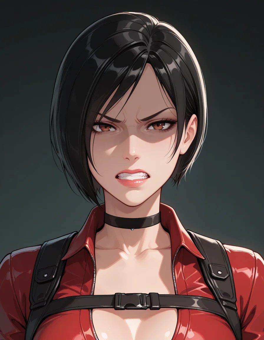 <lora:Michael Turner Marc SylvestriStyleIlluLYCO:0.25>, mtms, <lora:Fontez StylelluLYCO:0.25>, fontez, <lora:CherryMouseStreetStyleIlluLYCO:0.25>, <lora:thepit_illustrious_goofy:0.25>, (masterpiece, best quality, ultra-detailed, absurdres, newest, detailed textures, correct anatomy:1),
1girl, looking at viewer, shaded face, disgusted face, glaring, clenched teeth, upper body, ada wong \(resident evil\), asian girl, asian facial features, almond-shaped eyes, bob cut hair, straight hair, black hair, short hair, choker