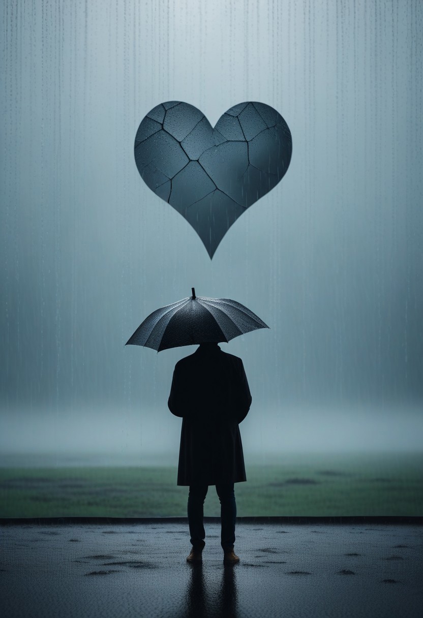 8K analog photo, The Back silhouette of a person standing alone and lonely in the rain, wearing hat, a Cracked large heart effect floating in the background, minimalist,